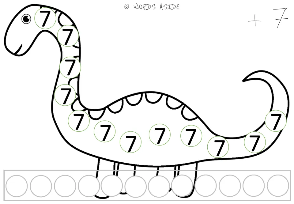 Repeated addition mat for 7: a dinosaur showing twelve 7s, a +7 prompt, and spaces to record responses.