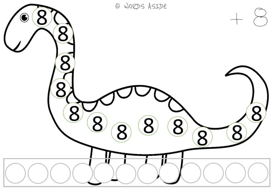 Repeated addition mat for 8: a dinosaur showing twelve 8s, a +8 prompt, and spaces to record responses.