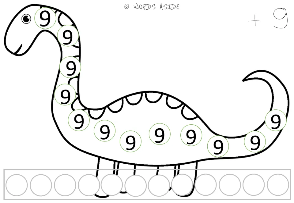 Repeated addition mat for 9: a dinosaur showing twelve 9s, a +9 prompt, and spaces to record responses.