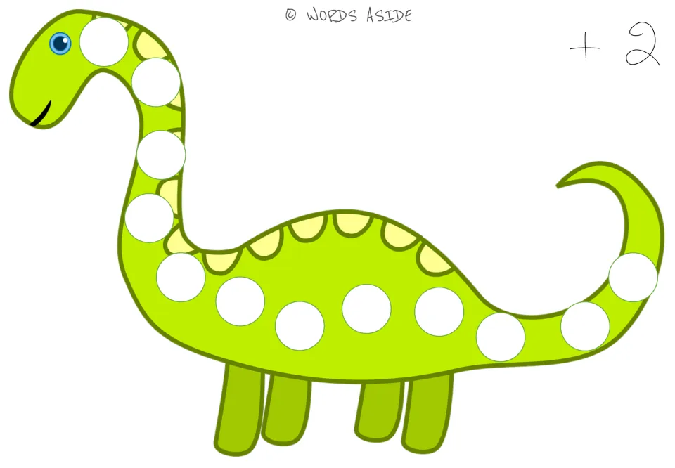 Repeated addition mat labeled '+2', with 12 blank circles on a dinosaur for practicing addition by 2.