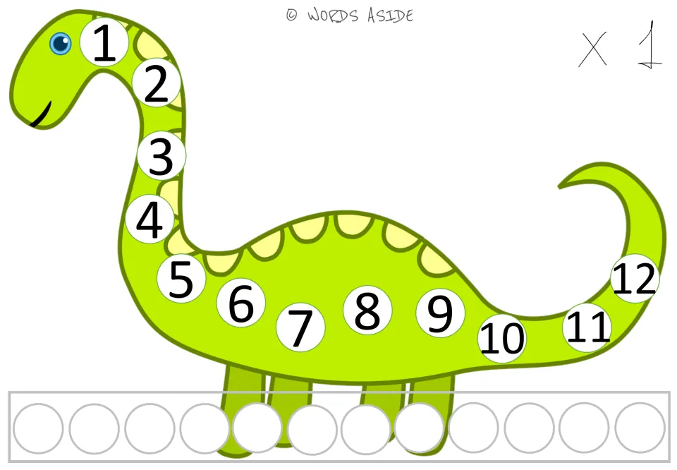 Times 1 repeated addition: students count by ones from 1 to 12 along a green dinosaur and place a counter for each group
