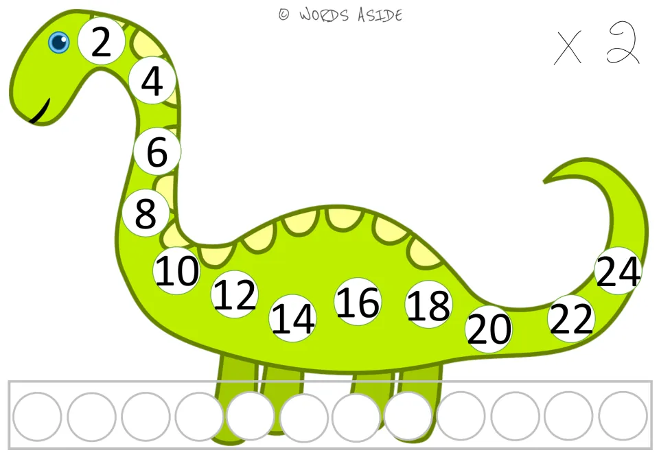 Times 2 repeated addition: students skip count by twos from 2 to 24 on the dinosaur and set out 12 counters as equal groups