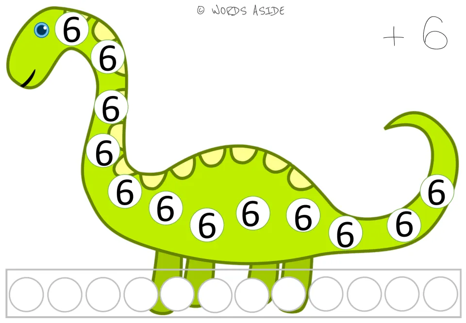 Repeated addition mat 6 of 10: twelve 6s on a dinosaur and a +6 prompt for practicing repeated addition.