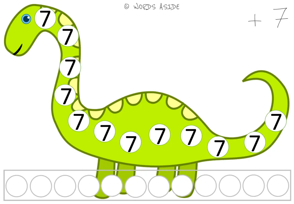 Repeated addition mat 7 of 10: twelve 7s on a dinosaur and a +7 prompt for practicing repeated addition.