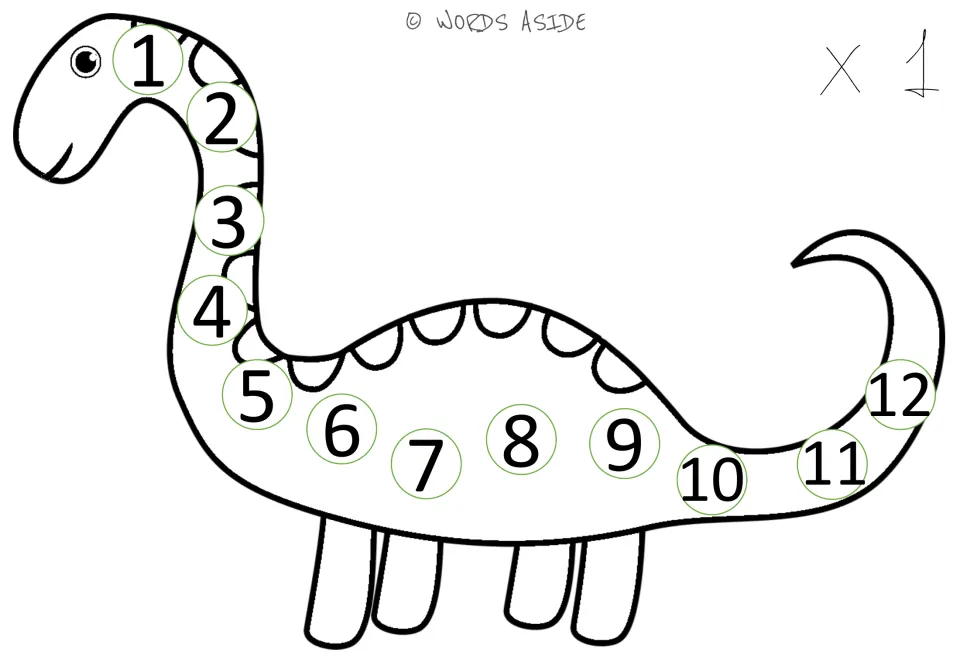 Ones mat (x 1): a dinosaur outline with the numbers 1 to 12 printed from its head down its back to its tail