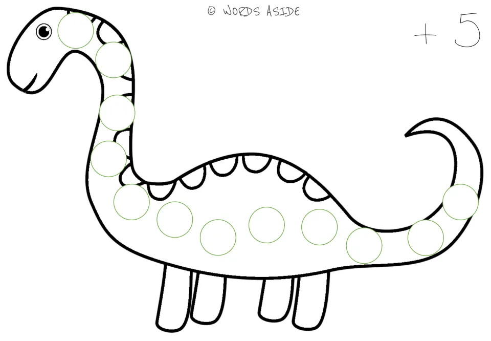 Repeated addition mat for adding 5, labeled '+5', with 12 blank circles along the dinosaur's body.