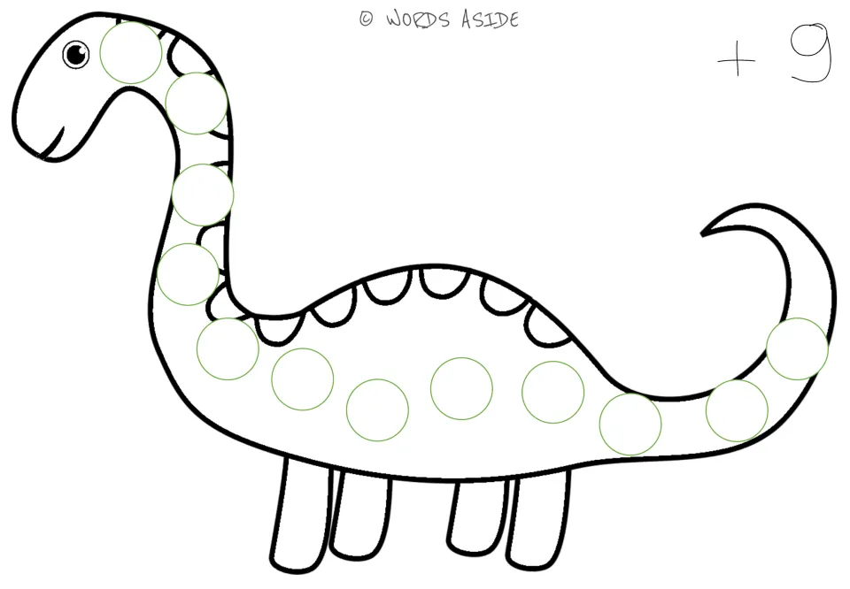 Repeated addition mat for adding 9, labeled '+9', with 12 blank circles along the dinosaur's body.