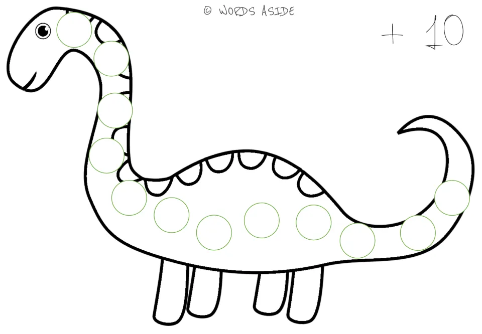 Repeated addition mat for adding 10, labeled '+10', with 12 blank circles along the dinosaur's body.