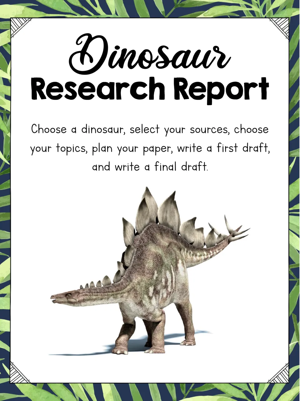 Dinosaur Research Report cover with a Stegosaurus: choose a dinosaur, select sources, pick topics, plan, then write drafts