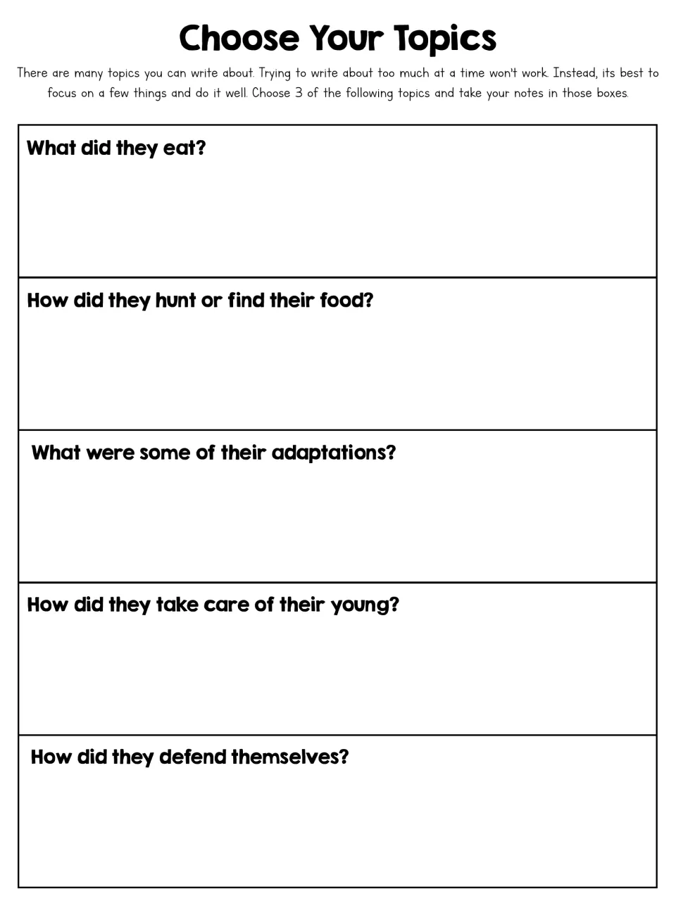 Choose Your Topics: students pick 3 of 5 prompts on diet, hunting, adaptations, care of young and defense and take notes