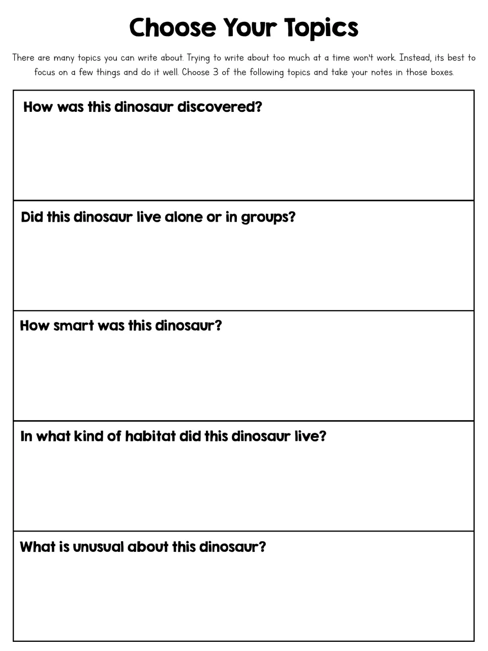 More topic prompts: students take notes on how it was discovered, group living, intelligence, habitat and unusual traits