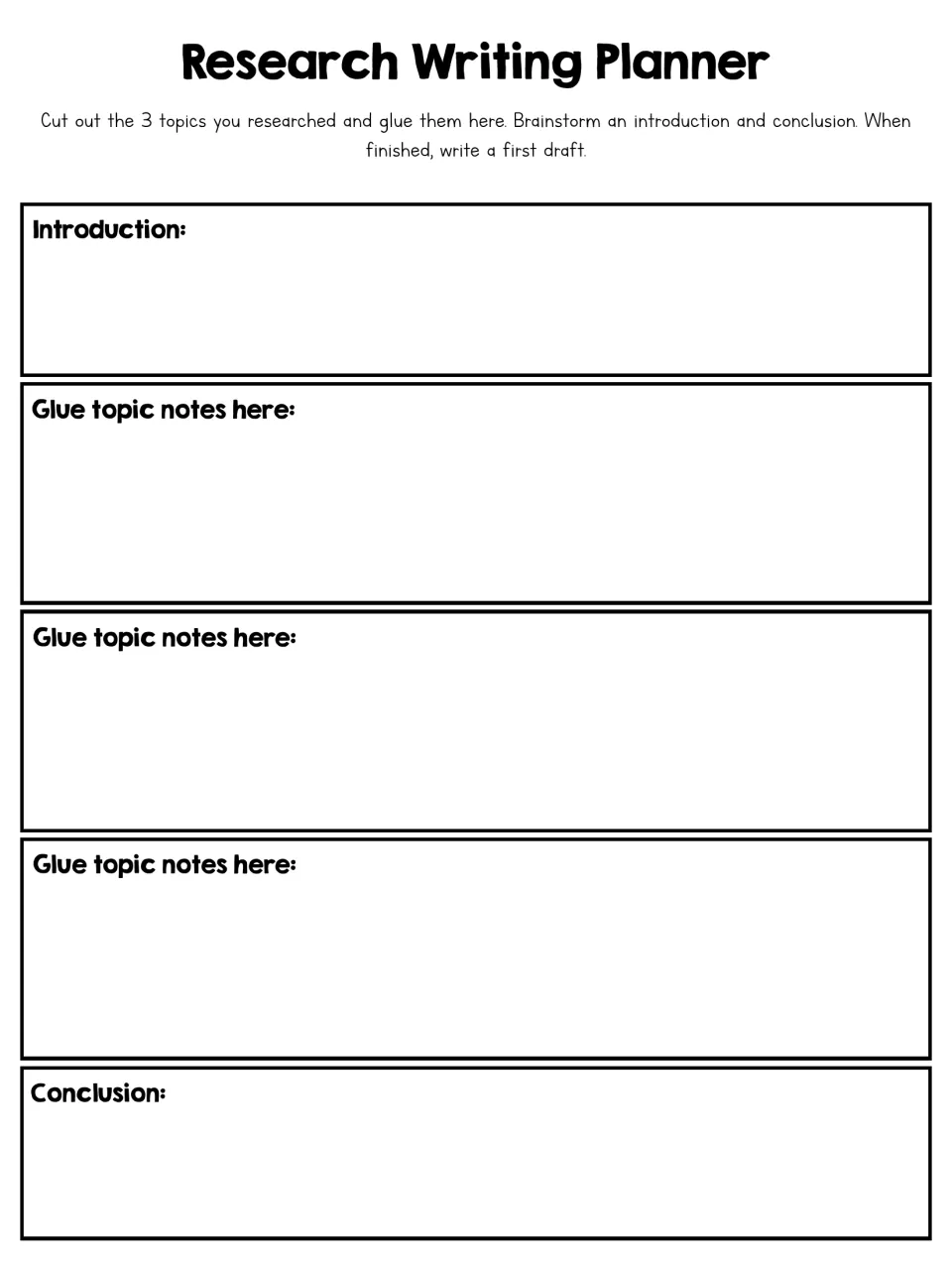 Research Writing Planner: students glue their 3 cut-out topic notes and brainstorm an introduction and conclusion