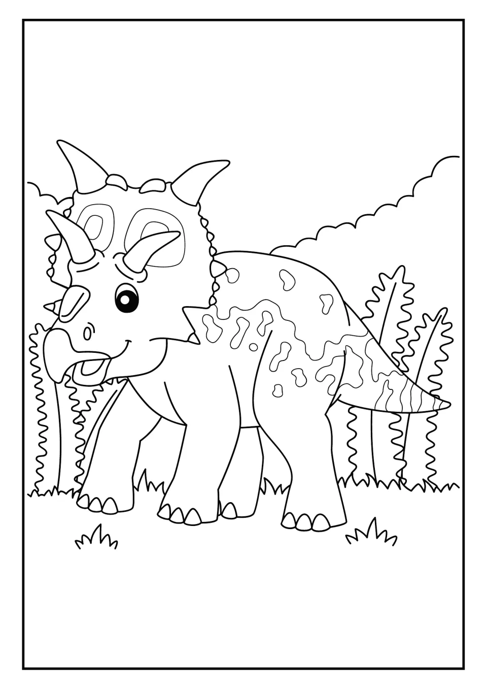 Horned dinosaur coloring page: a smiling frilled dinosaur with a spotted back stands among grass and wavy plants