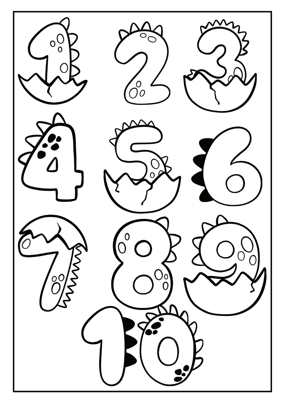 Numbers 1 to 10 coloring page: each numeral drawn as a spotted, spiky dinosaur, several hatching from eggshells