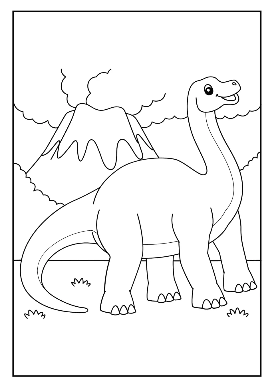 Long-necked dinosaur coloring page: a smiling sauropod walks on grass in front of a smoking volcano and bushes