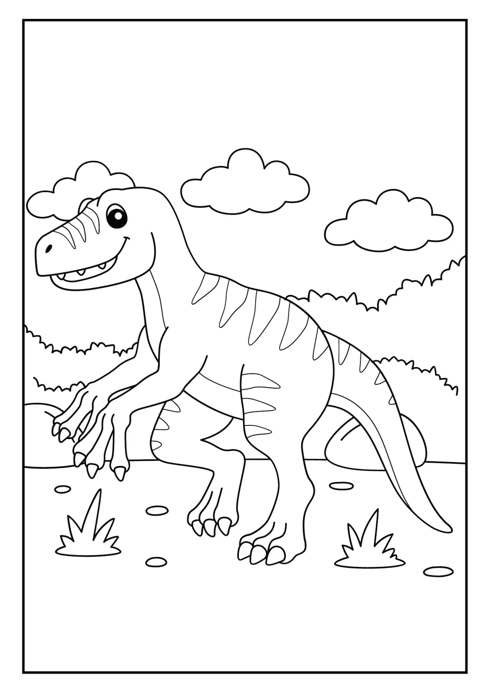 Two-legged striped dinosaur coloring page: a smiling toothy dinosaur with clawed hands stands under clouds