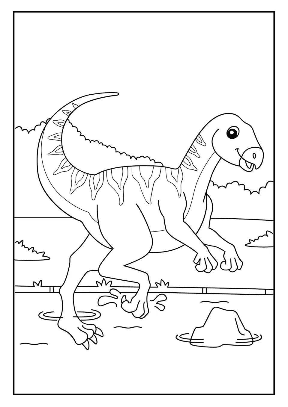Running dinosaur coloring page: a smiling two-legged dinosaur with a spiky back splashes through shallow water