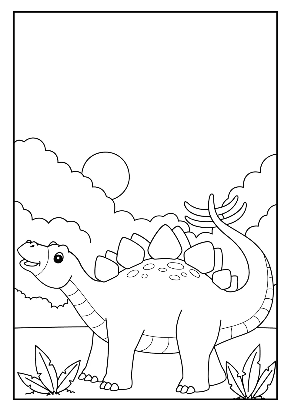 Plated dinosaur coloring page: a smiling dinosaur with back plates and a curled tail stands under the sun