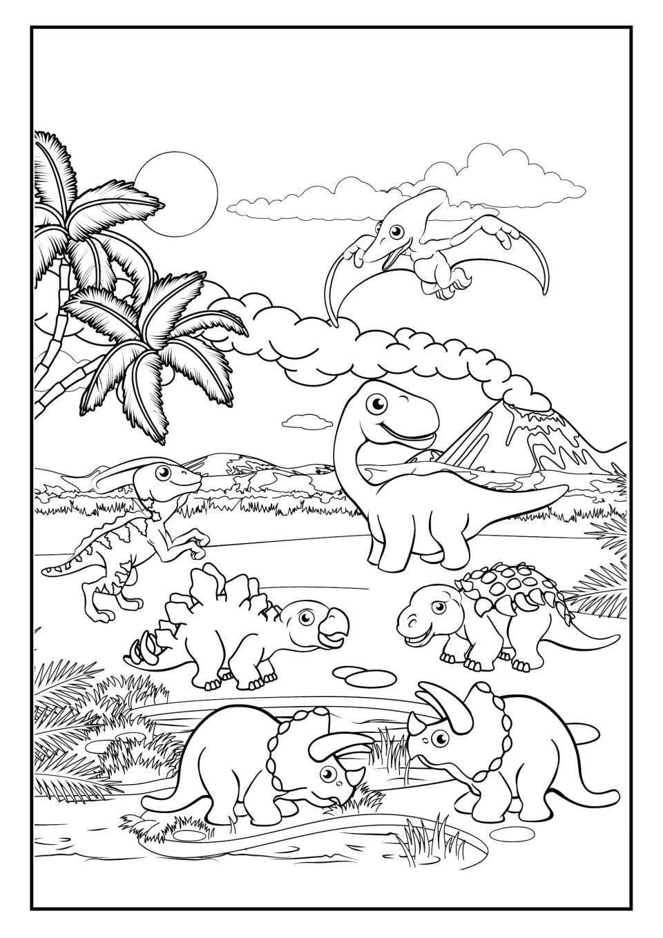 Prehistoric scene to color: triceratops pair, long-necked, plated and armored dinosaurs, a flyer and a volcano