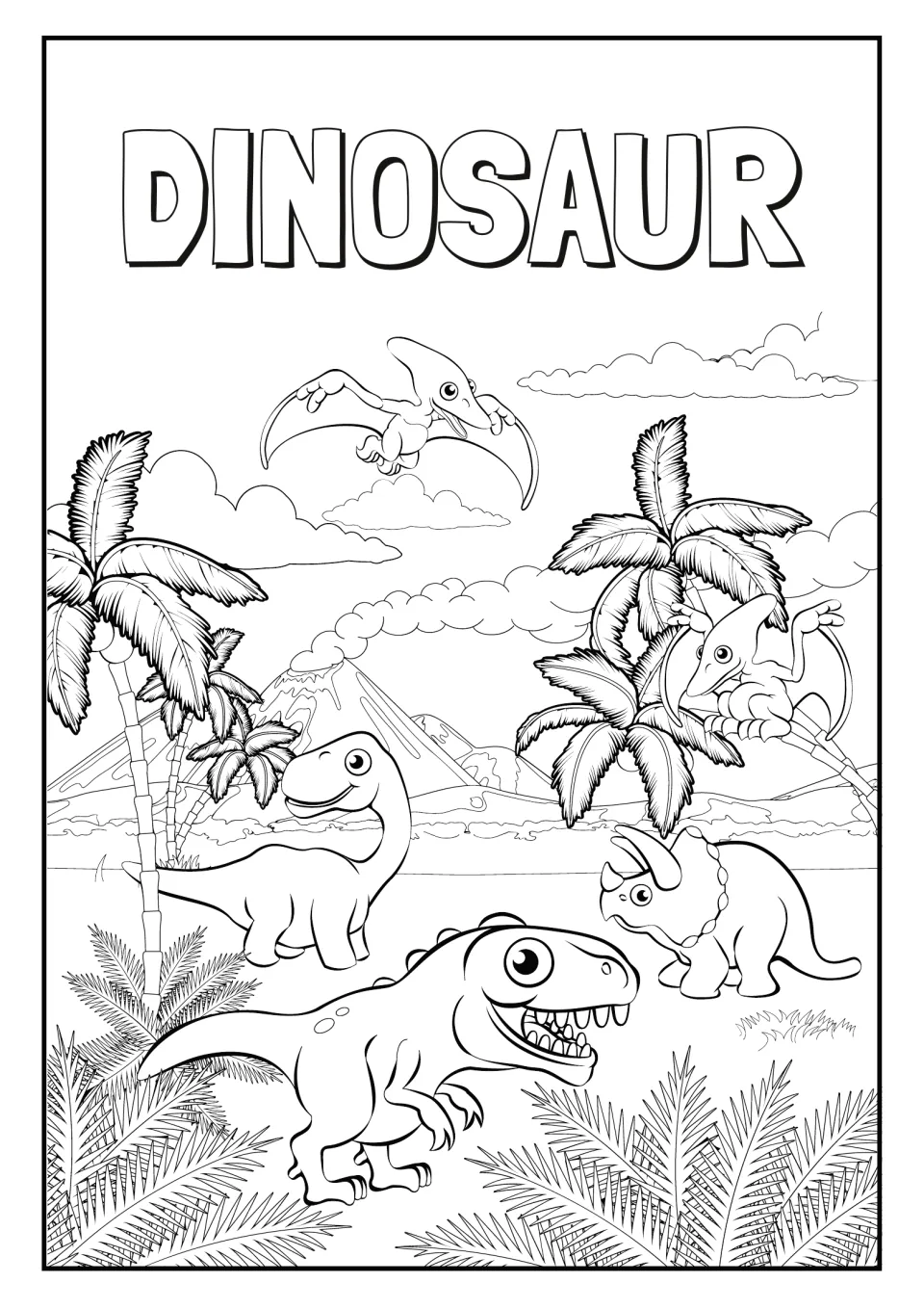 DINOSAUR title scene to color: a toothy dinosaur, long-neck, triceratops and two pterosaurs among palm trees