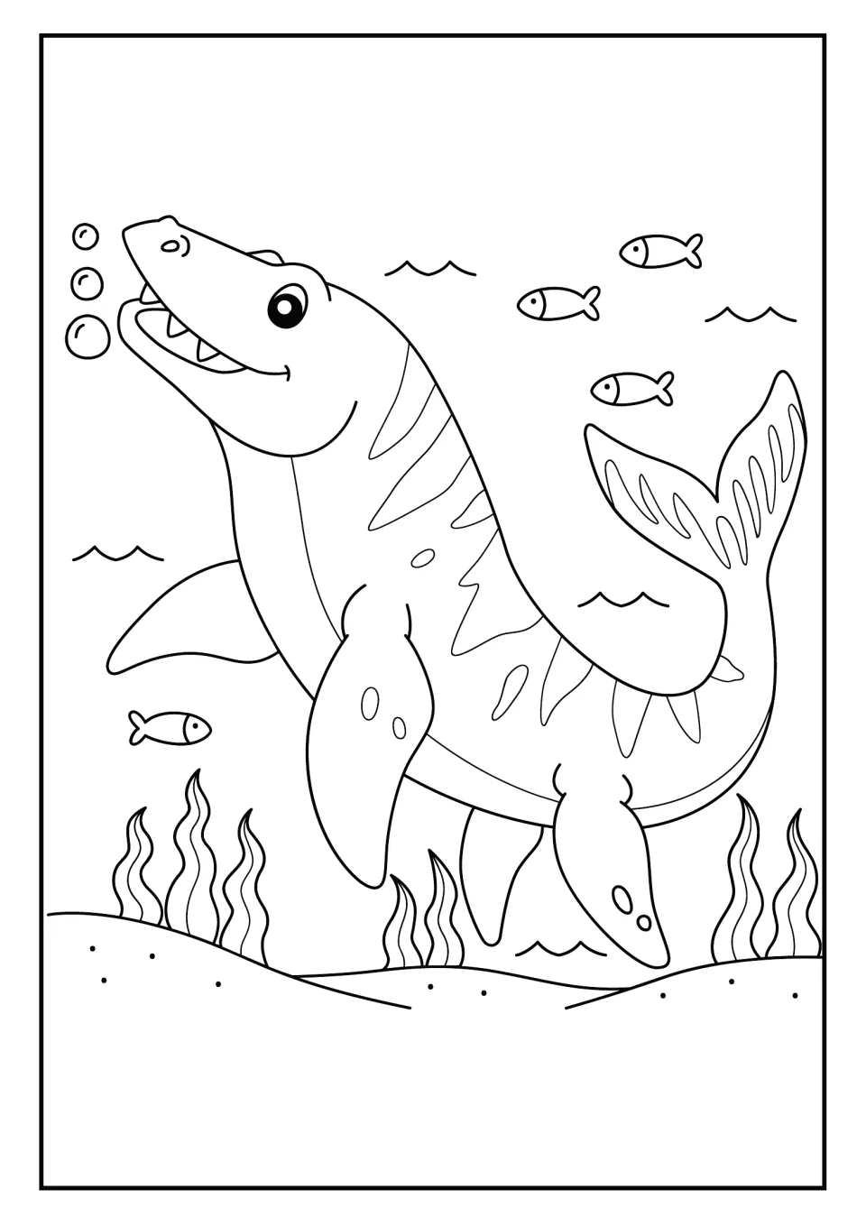 Sea reptile coloring page: a smiling swimming reptile with flippers blows bubbles among fish and seaweed