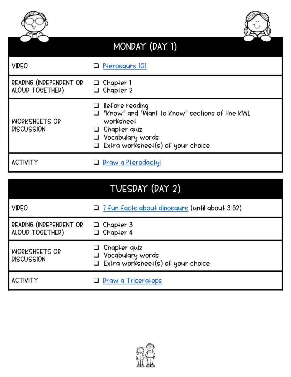 Monday and Tuesday plans: Pterosaurs video, chapters 1-4, quizzes, vocabulary, drawing a pterodactyl and triceratops