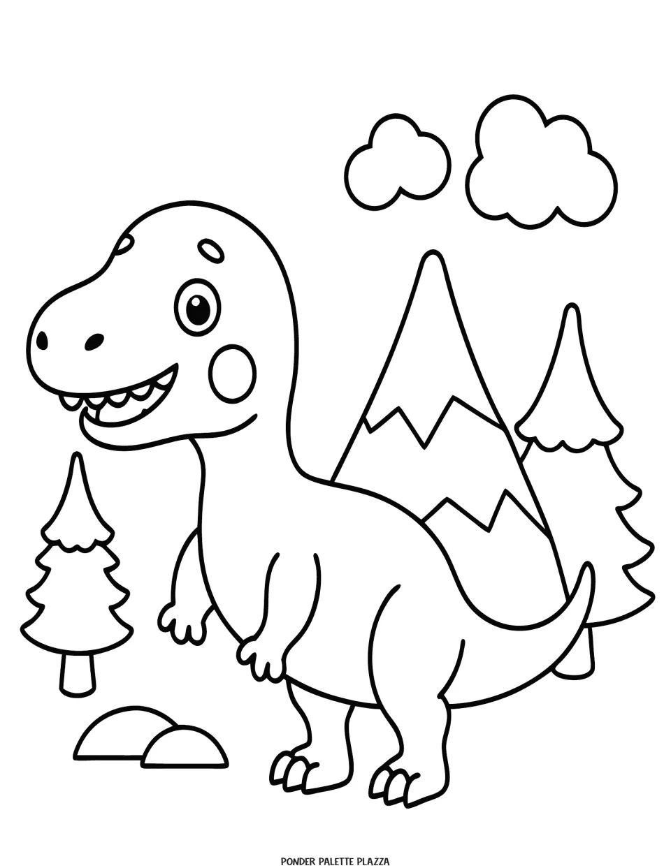 Dinosaur coloring page featuring a smiling, sharp-toothed dinosaur beside mountains, pine trees, and rocks