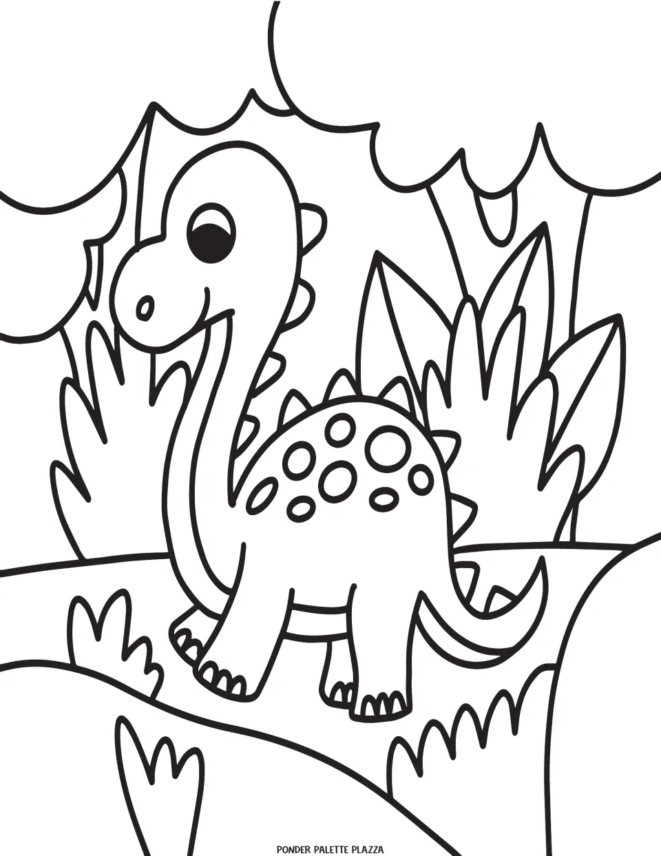 Dinosaur coloring page featuring a spotted, long-necked dinosaur among tall leaves, trees, and bushes
