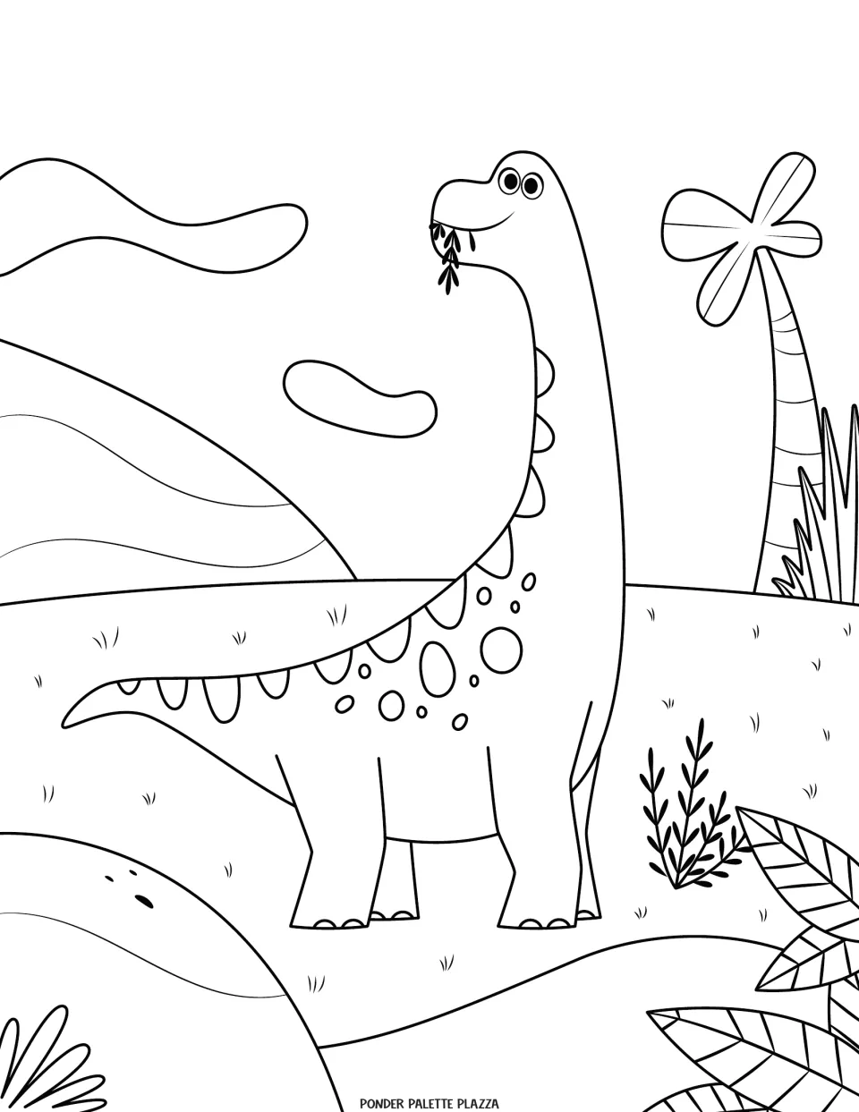 Dinosaur coloring page featuring a long-necked dinosaur eating leaves near a palm tree and rolling hills