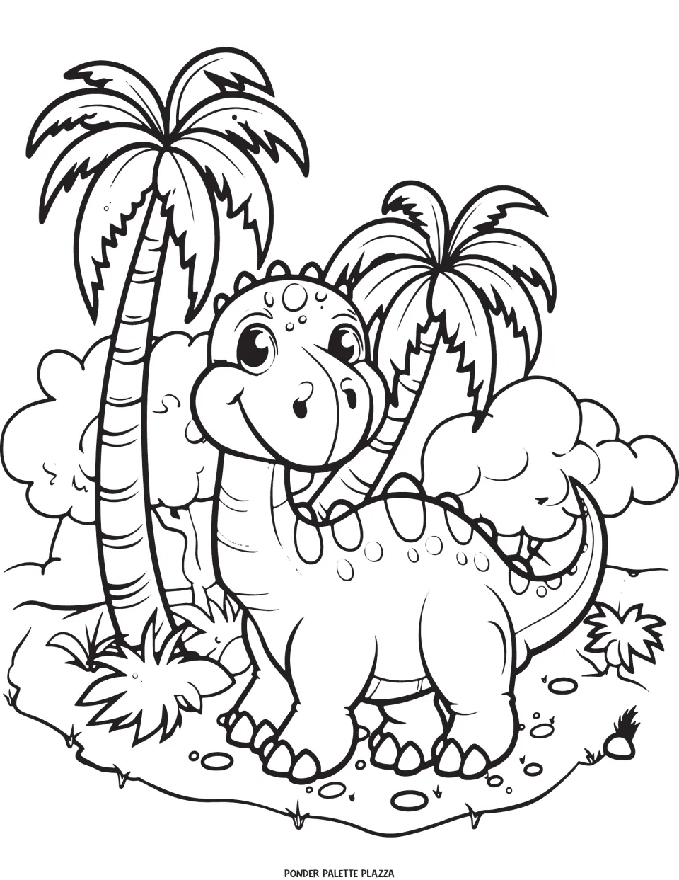 Dinosaur coloring page featuring a smiling dinosaur on four legs among palm trees, bushes, and pebbles