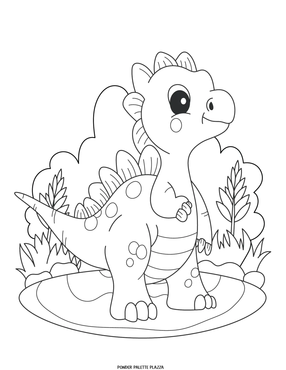 Dinosaur coloring page featuring an upright dinosaur with back plates, body spots, and a striped belly