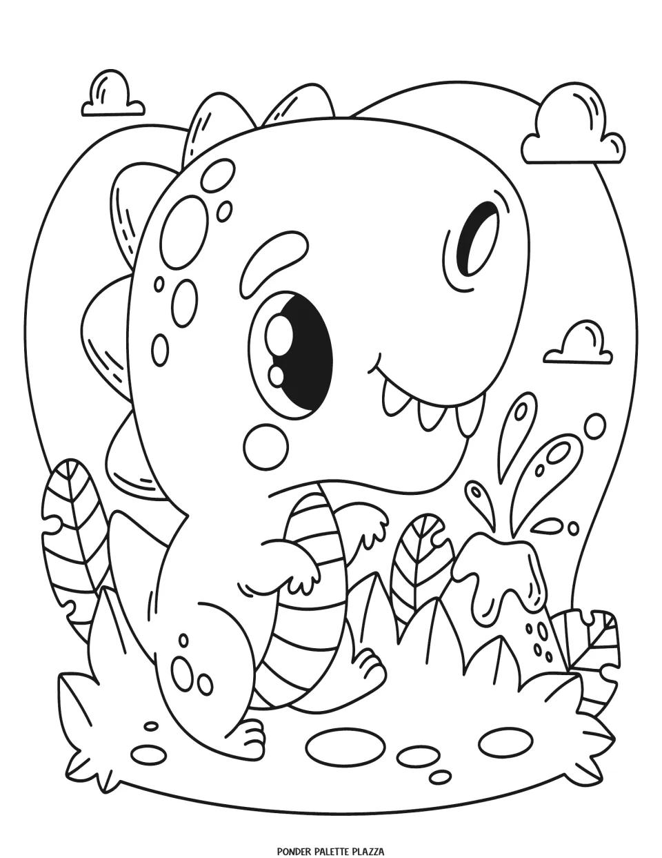 Dinosaur coloring page featuring a large-headed dinosaur beside an erupting volcano and leafy plants