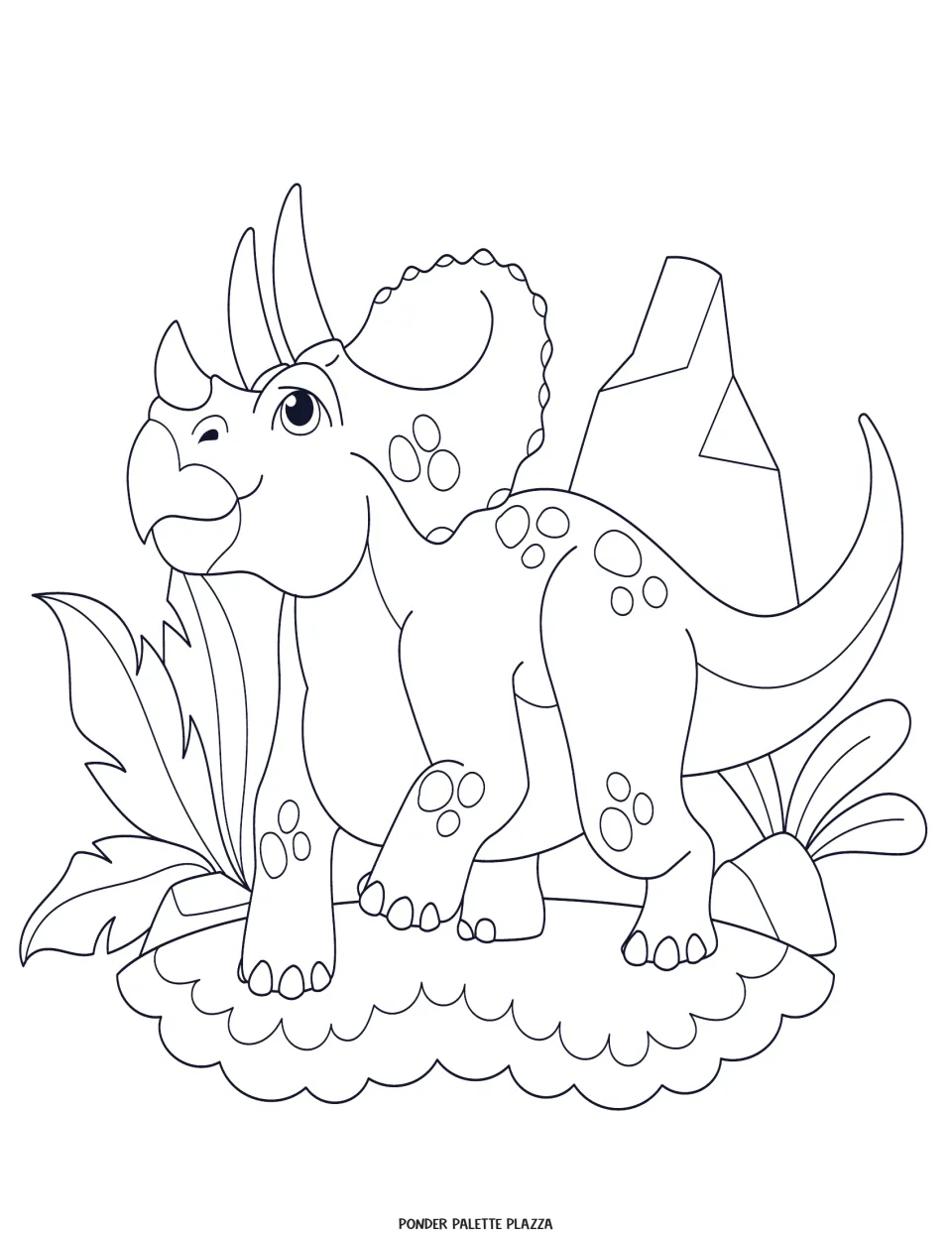 Dinosaur coloring page featuring a spotted Triceratops lifting one front foot among plants and rocks.