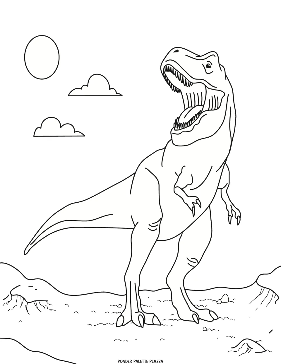 Dinosaur coloring page featuring a roaring T. rex with an open mouth on rocky ground beneath the sun.