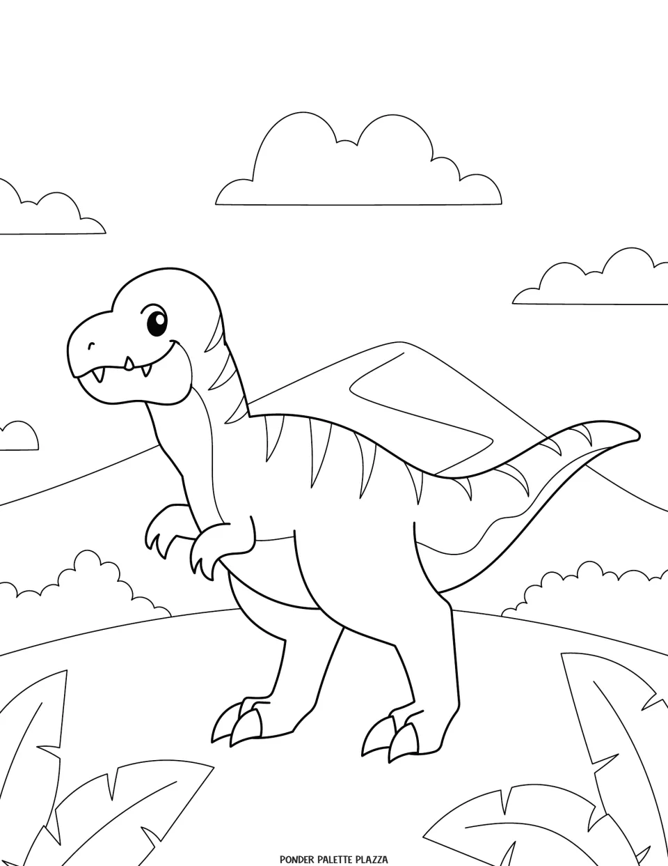 Dinosaur coloring page featuring a smiling, striped dinosaur standing before a mountain beneath clouds.