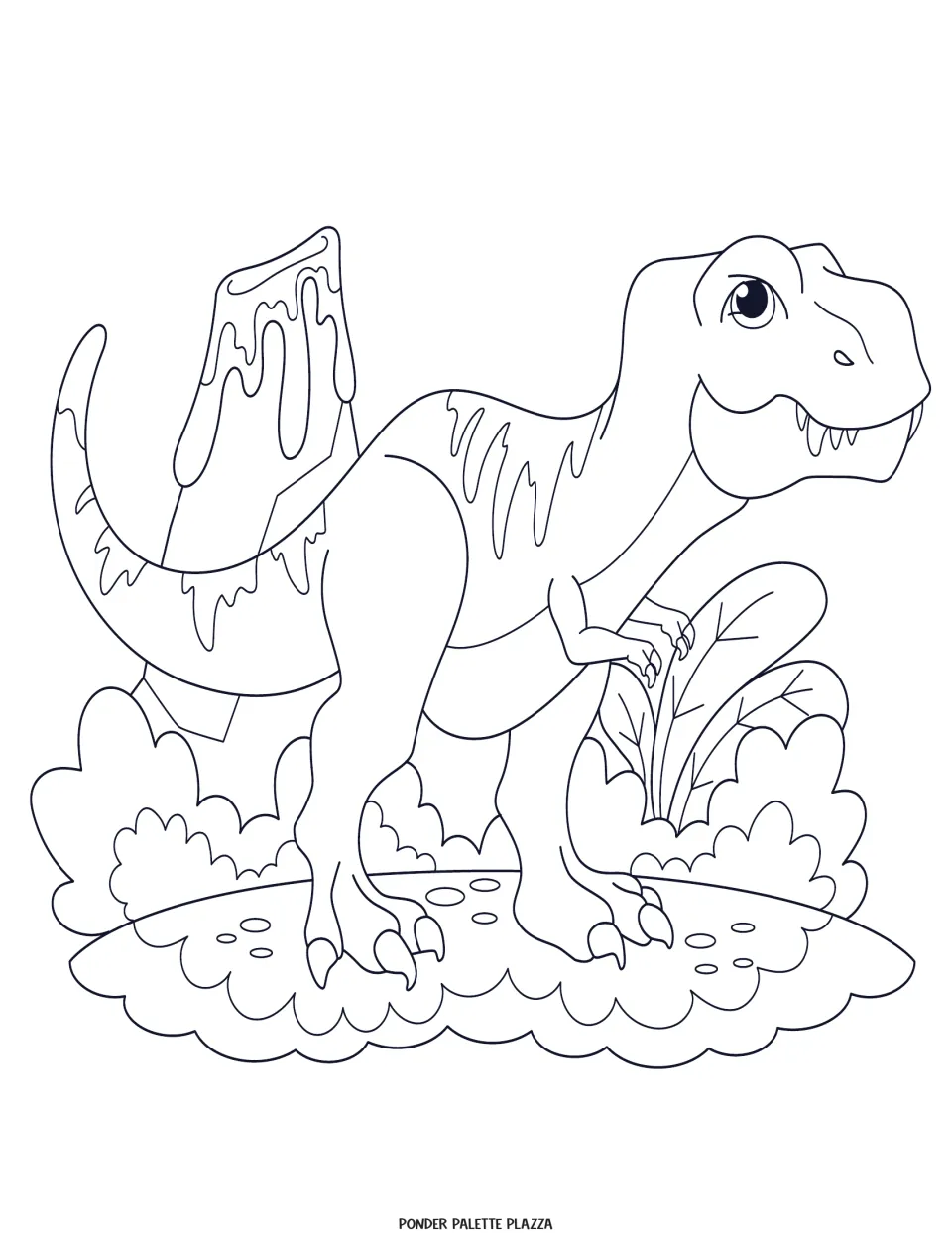 Dinosaur coloring page featuring a smiling T. rex with body markings beside leafy plants and a tall rock.