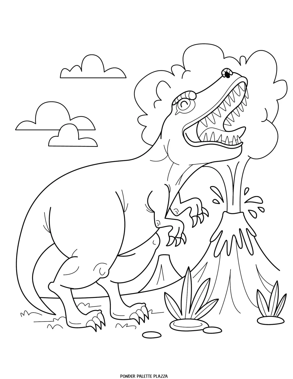 Dinosaur coloring page featuring an open-mouthed, sharp-toothed dinosaur beside an erupting volcano.