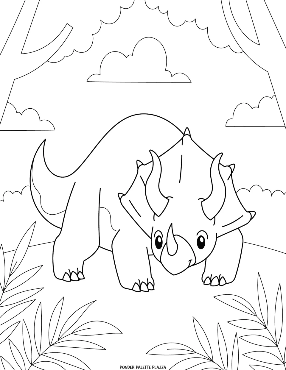 Dinosaur coloring page featuring a front-facing Triceratops lowering its head among trees and leafy plants.