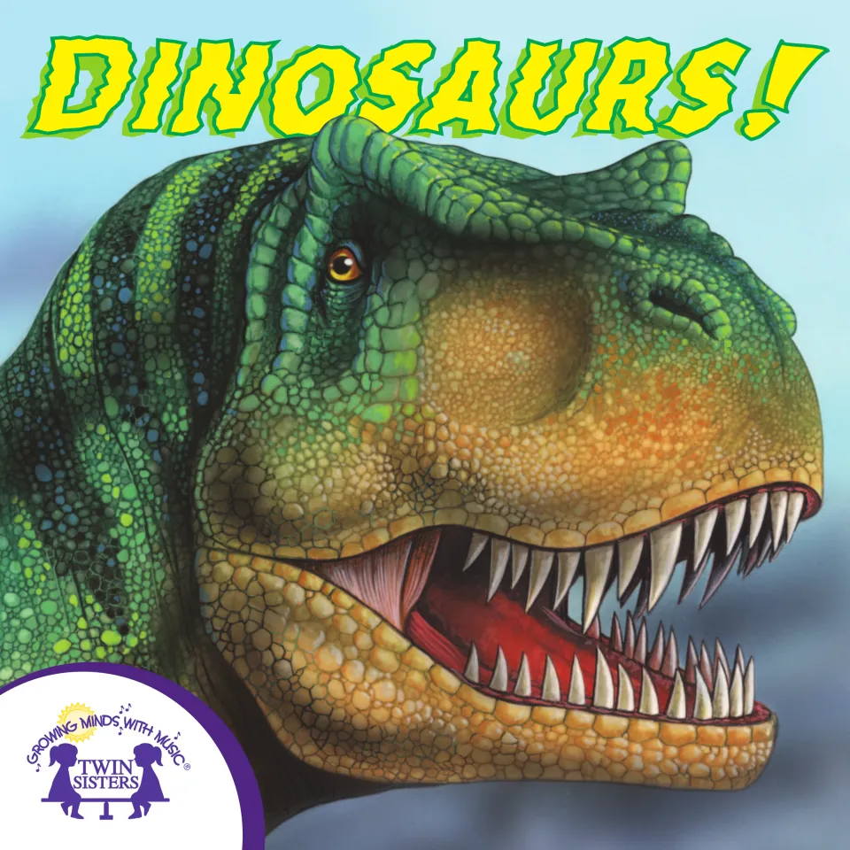 Dinosaur eBook cover featuring the heading 'Dinosaurs!' above a close-up illustration of a toothy dinosaur