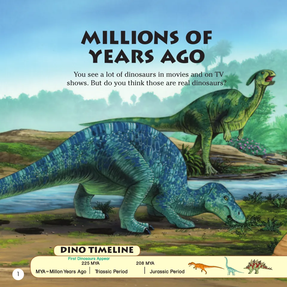 Book page 1: 'Millions of Years Ago' introduces dinosaurs and begins a timeline of prehistoric periods