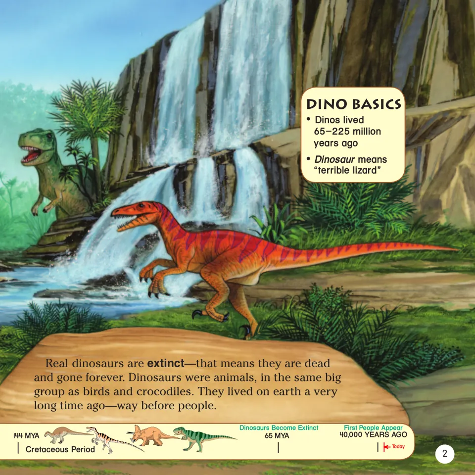 Book page 2: dinosaur extinction, the meaning of 'dinosaur,' and a timeline continuing through today