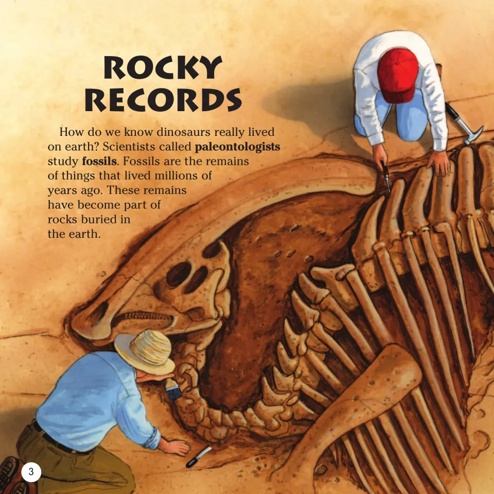 Book page 3: 'Rocky Records' explains fossils and paleontologists beside an illustrated dinosaur excavation