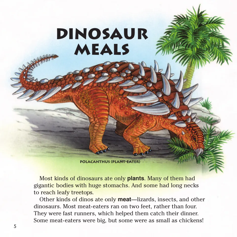 Book page 5: 'Dinosaur Meals' compares plant and meat diets, with a labeled Polacanthus eating plants