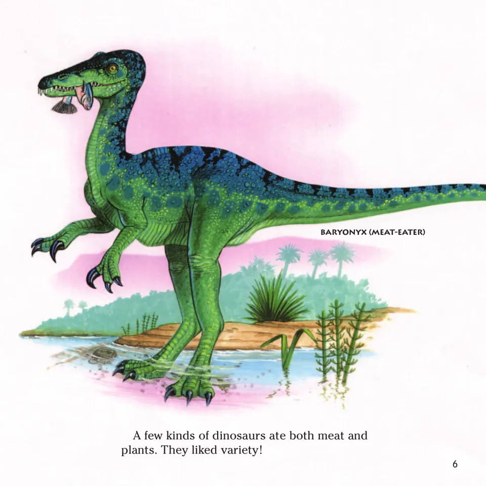 Book page 6: a labeled Baryonyx holds a fish, while the text notes that some dinosaurs ate meat and plants