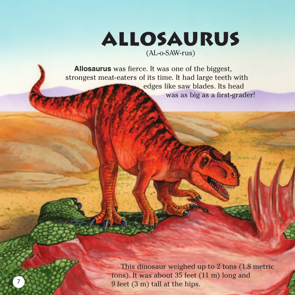 Book page 7: Allosaurus profile introduces its pronunciation, saw-edged teeth, weight, length, and height