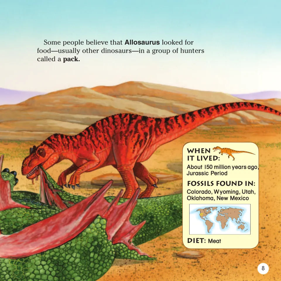Book page 8: Allosaurus profile continues with possible pack hunting, its Jurassic age, fossil sites, and diet