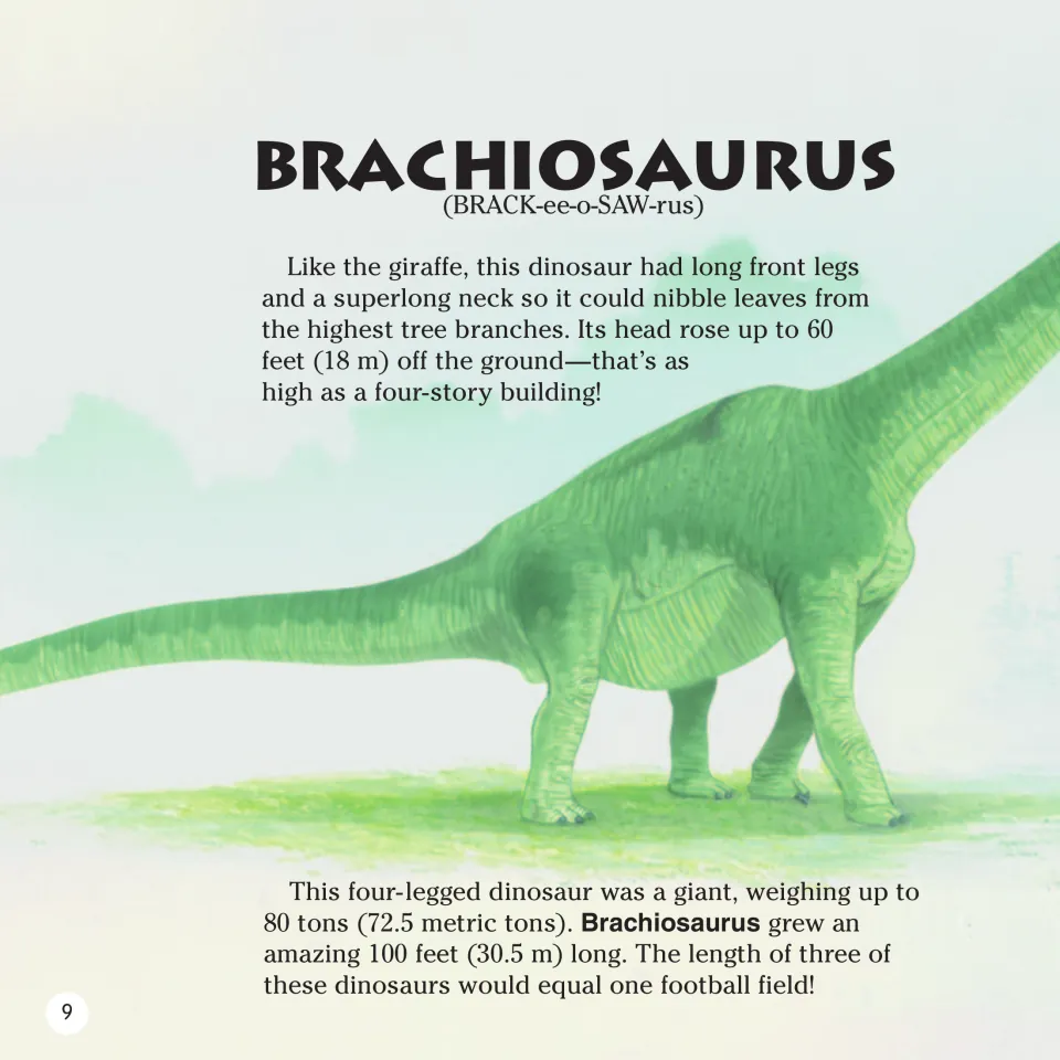 Book page 9: Brachiosaurus profile describes its long front legs, long neck, treetop diet, weight, and length