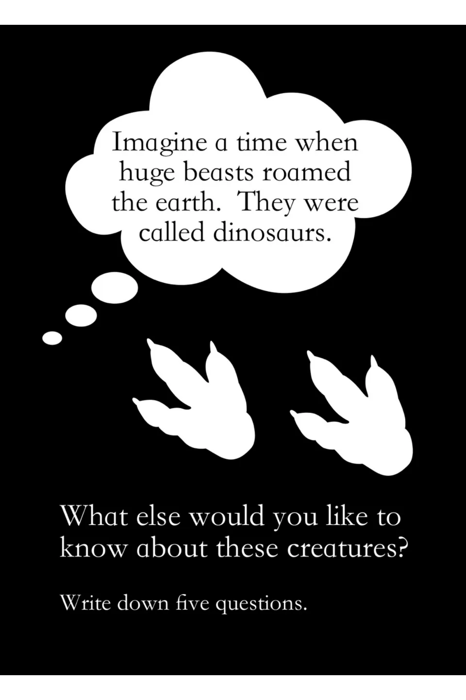 Opening dinosaur writing prompt asks students what they want to know and tells them to write five questions