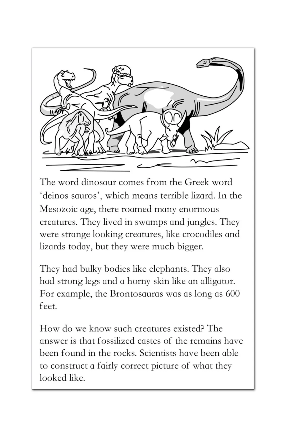 Dinosaur reading passage covers the name’s Greek origin, the Mesozoic age, body traits, and fossil evidence