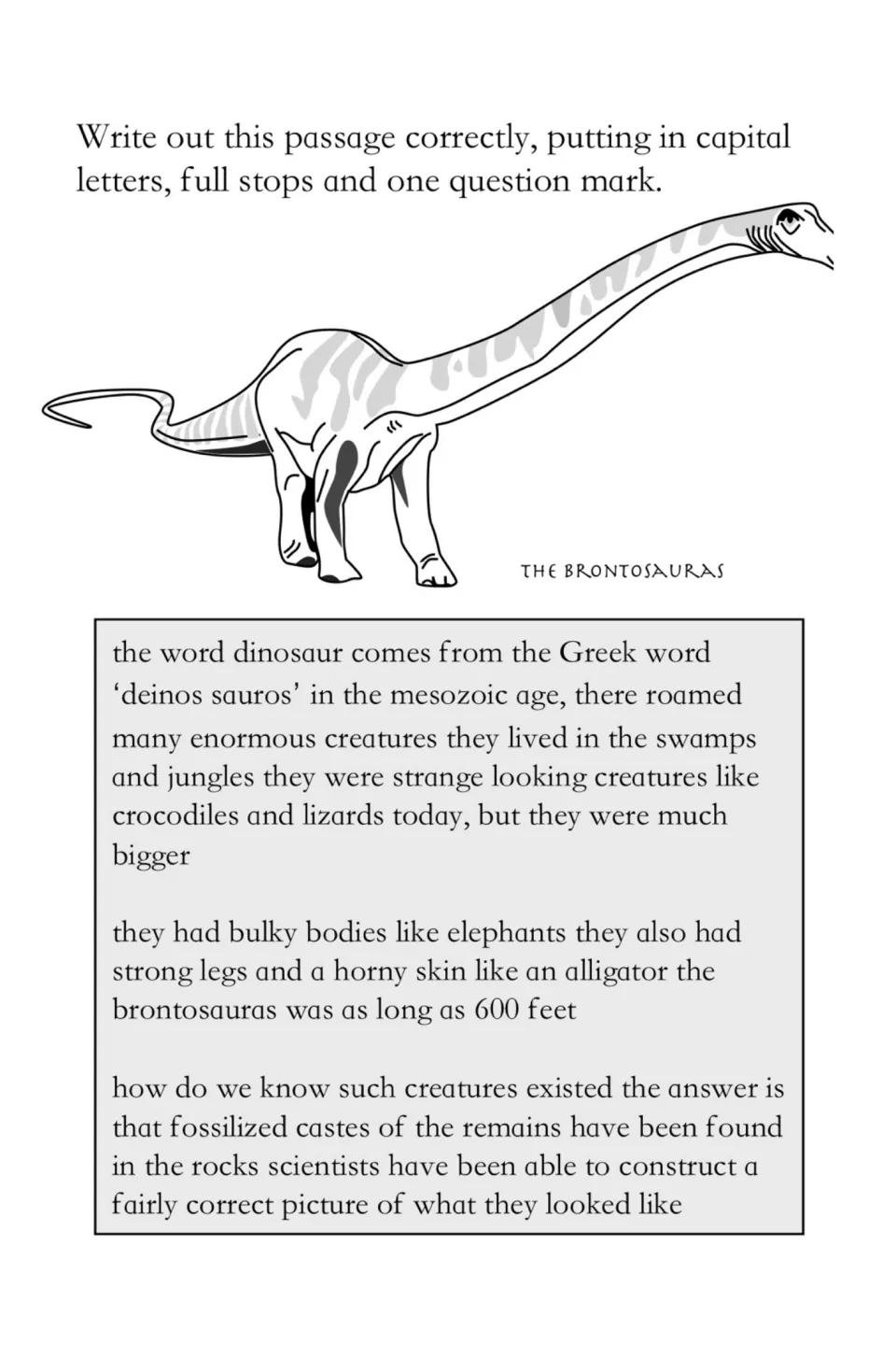 Punctuation practice asks students to rewrite the dinosaur passage using capitals, periods, and one question mark